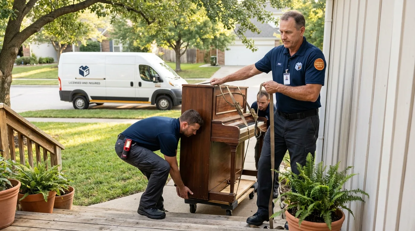 Licensed piano movers securing grand piano in Paris, TN