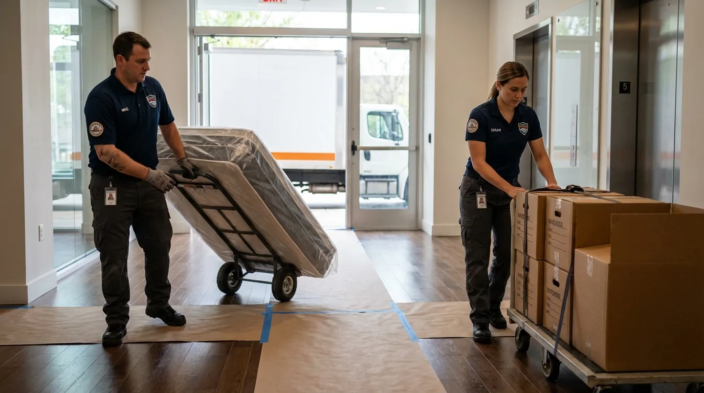 Professional apartment movers loading elevator in Paris, TN